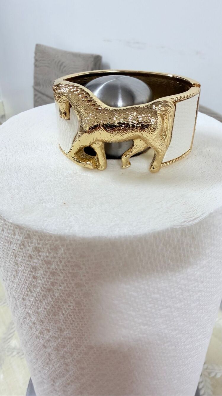 Vintage-Style Gold & Cream Horse Cuff Bracelet | Equestrian Statement Jewelry - Picture 2 of 6